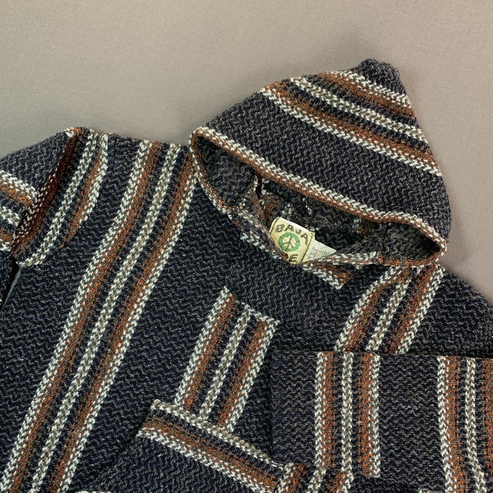 Baja Joe Hoodie Men LG Blue & Gray Striped Woven Pullover Baja Mexican Poncho